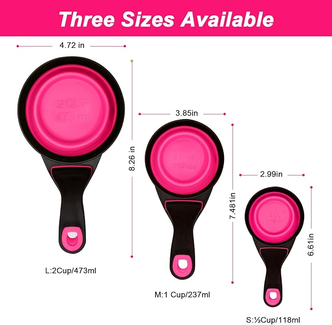 Collapsible Silicone Dog Food Scoop Foldable Pet Food Measuring Cup with Bag Clip 3 in 1 Multi-Function Silicone Dog Food Scooper (Rose Red, Large)