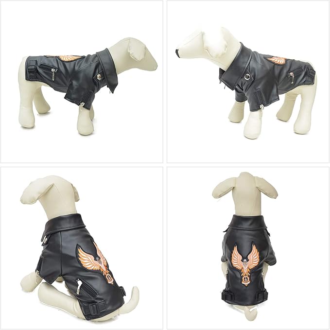 Lovelonglong Cool Dog Leather Jacket, Warm Coats Dogs Windproof Cold Weather Coats for Large Medium Small Dogs with Eagle Embroidery Black B-S