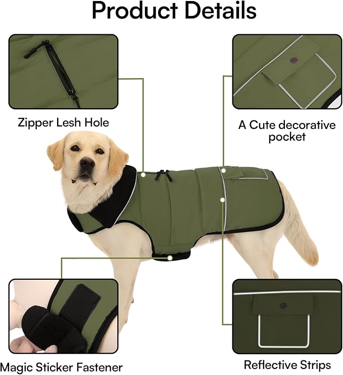 Dog Coat, Small Medium Dog Jacket, Windproof Dogs Puffer Jacket, Fleece Lined Warm Dogs Winter Coat with Harness Hole (Army Green L)