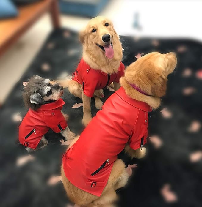 Lovelonglong Cool Dog Leather Jacket, Warm Coats Dogs Windproof Cold Weather Coats for Pugs Bulldog Pitbull Red B-M