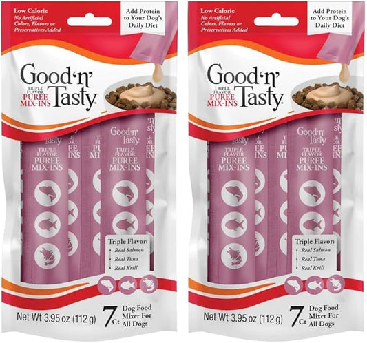 Good 'n' Tasty Triple Flavor Puree Mix-Ins Dog Food Topper Treats for All Dogs, 7 Count, Easy Single-Serve Portions, Added Protein with Salmon, Tuna and Krill, No Chicken or Beef Added (Pack of 2)