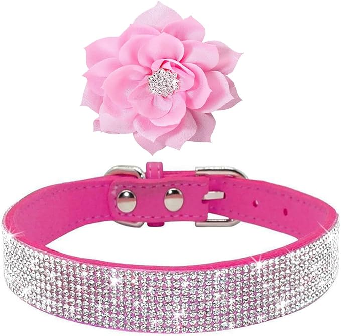 Serijoars Small Dog Collar with Rhinestone Crystal Diamond Colorful Bling Girl Puppy Cat Collars (M, Hot Pink6)