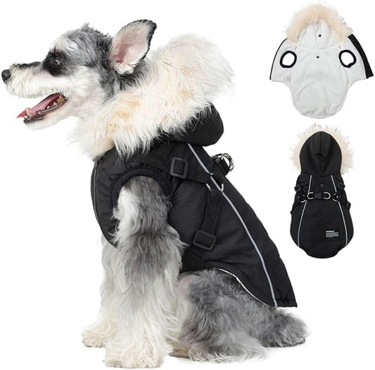PINA Dog Winter Coat with Waterproof Fabric and Faux Fur Hood, Black, 2XL