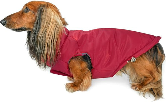 DJANGO Reversible Puffer Dog Coat – Warm Winter Dog Jacket & Water-Repellent Insulated Dog Coat with Harness Hole, Windproof, Adjustable Fit for Small & Medium Dogs, Dachshunds – Lava Red, Large