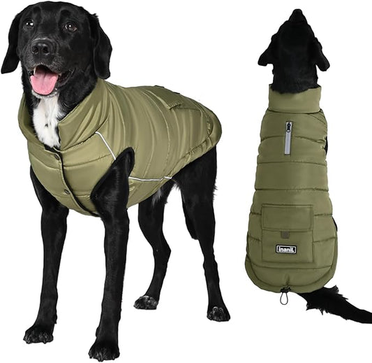 Dog Winter Jacket Waterproof, Reflective Fleece Lined Dog Coats for Small Medium Large Dogs, Warm Snow Coat for Dogs, Insulated Cold Weather Dogs Puffer Jackets with Leash Hole, Olive, 3XL