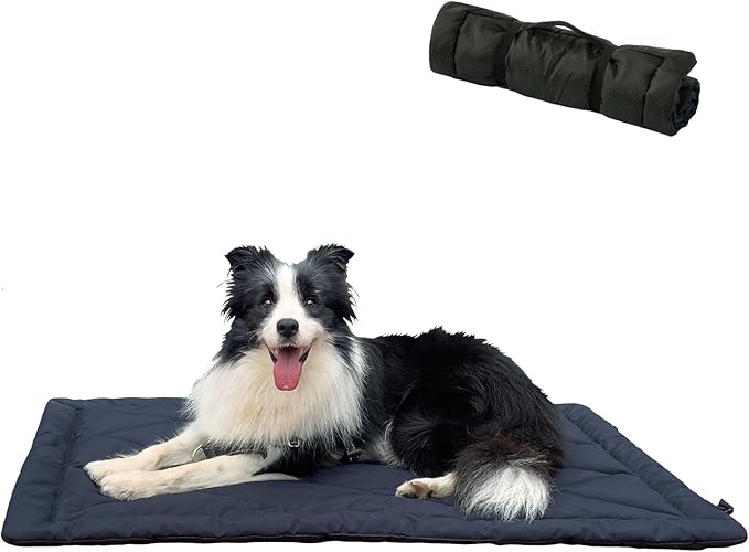 Rollup Camping Outdoor Dog Bed,Portable Dog Travel Mat with Carry Handles for Medium Large Dogs Waterproof Washable Pet Pad,42 * 28”Dark Blue