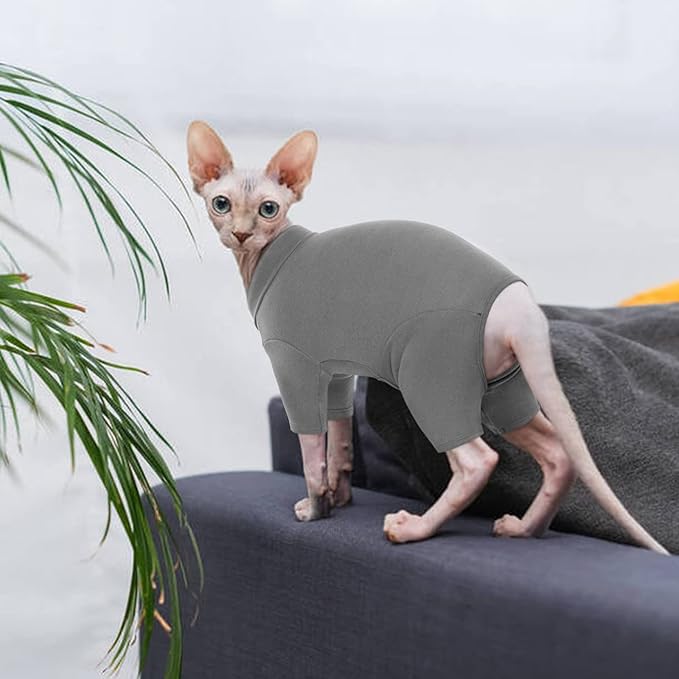 ROZKITCH Hairless Cat Clothes, Breathable Soft Jumpers for Sphynx Cats Only, Coat with Four Legs, Warm Sweater T-Shirt Pajamas Jumpsuit Vest Cornish Rex, Devon Rex, Peterbald Grey L