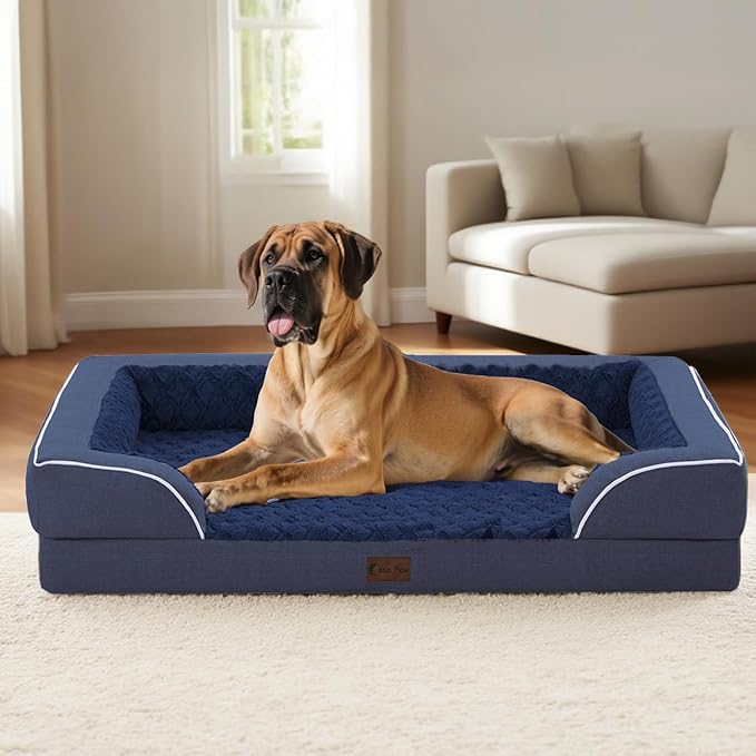 Orthopedic XXL Dog Beds, Waterproof Memory Foam Big Pet Bed for Extra Large Sized Dogs 53x42Inch, Non-Slip Bottom and Egg-Crate Foam Dog Couch Bed with Washable Removable Cover, Navy Blue
