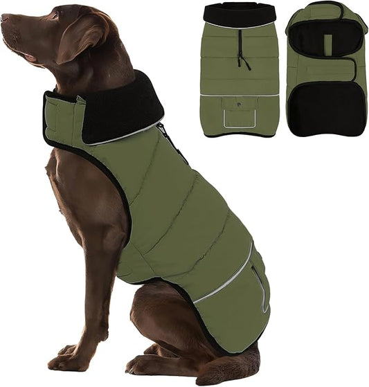 Dog Coat, Large Dog Jacket, Windproof Dogs Puffer Jacket, Fleece Lined Warm Dogs Winter Coat with Harness Hole(Army Green 2XL)