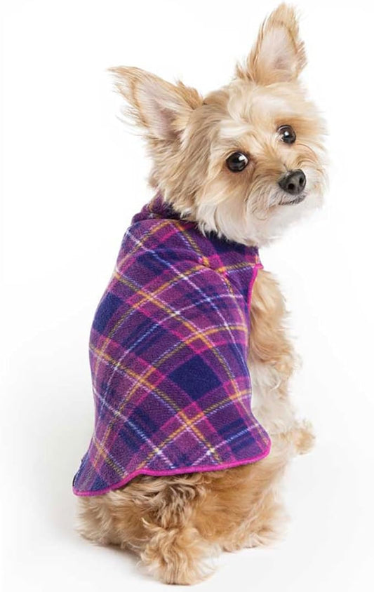 Goldpaw Stretchy Fleece Jacket for Small Dogs - Super Soft, Warm Dog Sweater - Pet Sweater Vest for Fall and Winter - Canine Clothes Made in The USA - Machine Washable - Mulberry Plaid - Size 18