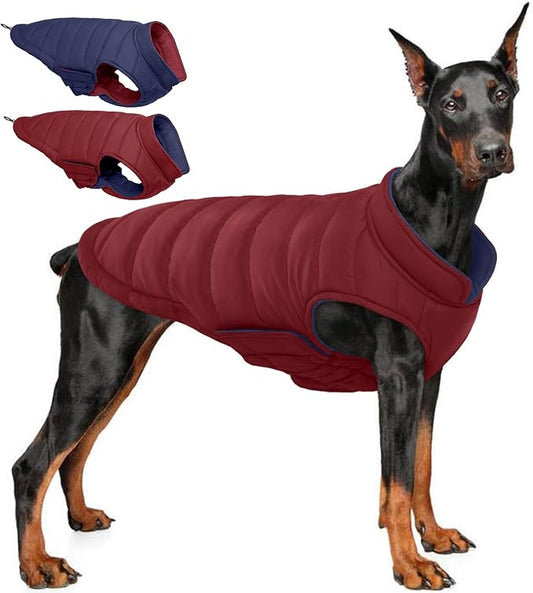 QBLEEV Reversible Dog Jacket for Large Dogs, Waterproof Windproof Winter Coat with Adjustable Hook & Loop Design, Lightweight Puffer Vest Keeps Dogs Warm & Dry, Wine Red, XL – Fits Pitbull, Boxer