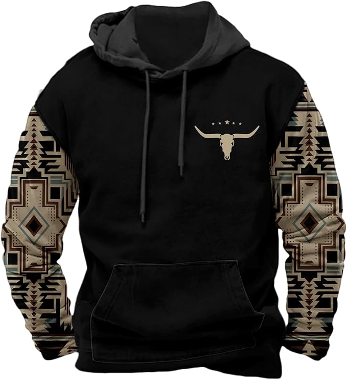 HOTYD Mens Western Aztec Sweatshirts Long Sleeve Fall Fashion Drawstring Pullover Vintage Graphic Cowboy Hoodie for Men