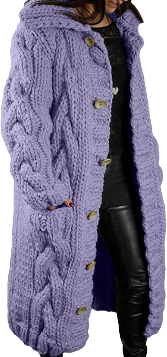LOAIHA Women Chunky Cable Knit Long Sleeve Cardigan Fall Winter Trendy Oversized Button Down Sweaters Outerwear with Pocket