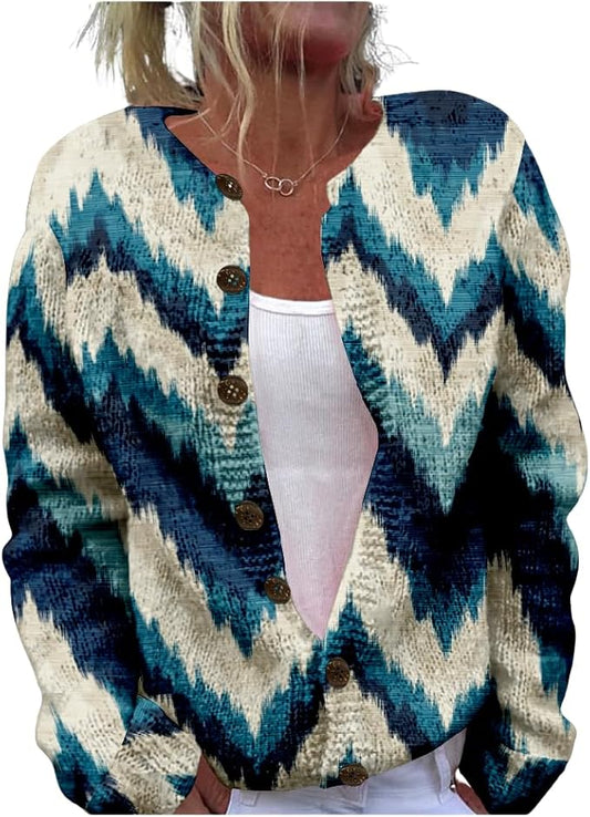 HOTYD Aztec Print Cardigans Sweaters for Women Crewneck Graphic Button Cardigan Casual Chunky Knit Sweater Fall Outfits