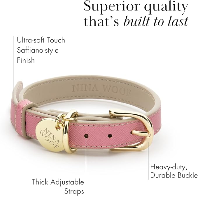 NINA WOOF Rio Vegan Leather Dog Collar - Padded Luxury Dog Collar with Adjustable Buckle - Collar for Dogs Small Dogs to Large Dogs (Medium, Pink)