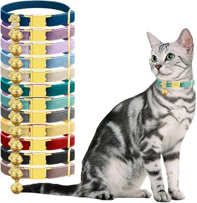 Personalized Breakaway Cat Collars - Magnetic Buckle, Bell - Safety Quick Release, Customized for Girls & Boys Cats- (Velvet-Lake Blue)