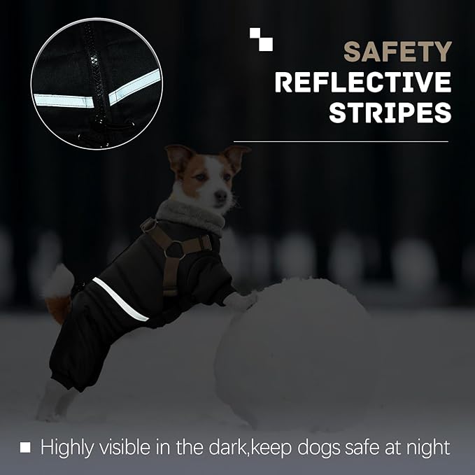 BRKURLEG Black Dog Coat with Harness, Dog Winter Jacket, Dogs Onesie Body Warm Jackets, Small Dogs Winter Coats Reflective Windproof Warm Cold Weather Coats, Pet Waterproof Jacket Hiking XL