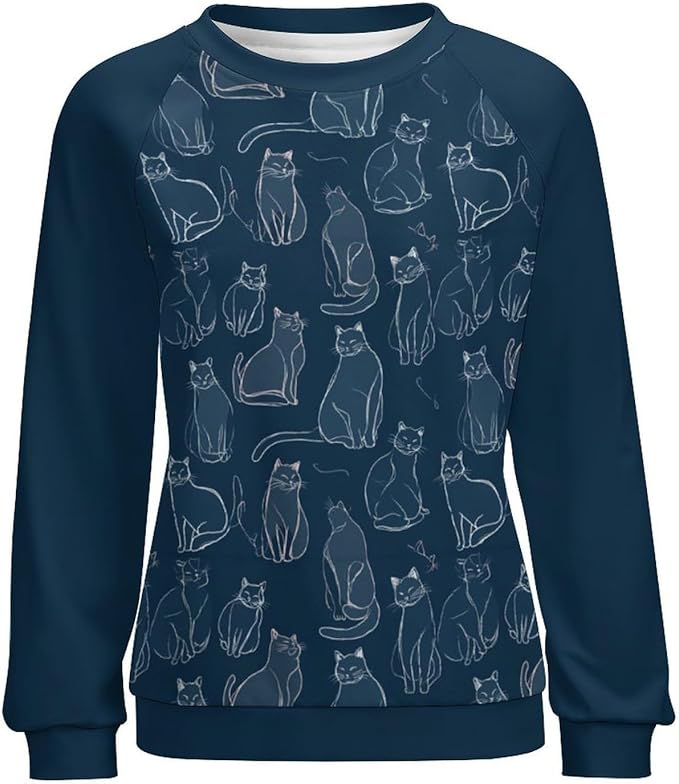 Abstract Cute Cat Shirts for Women Long Sleeve Lady Crewneck Pullover Sweatshirt Fall Winter Oversized Tops