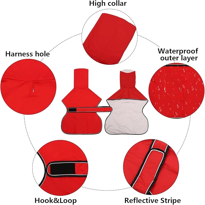 Dog Raincoat with Reflective Bar, Rain/Water Resistant, Adjustable Vest - Dog Raincoats for Greyhounds, Lurchers and Whippets - Red - L