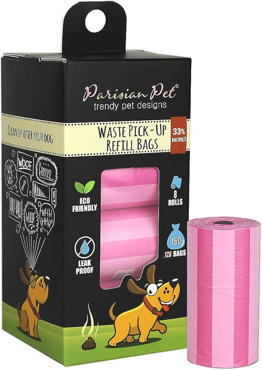 Parisian Pet Ecofriendly Dog Poop Bags Rolls - 160 Count Unscented Poop Bags For Dogs - Leakproof, Extra Thick, 8 Dog Waste Bags Refill Rolls - Striped Pink Doggie Poop Bags - Fits All Dispenser