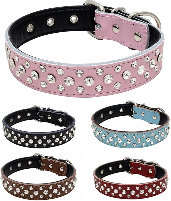 Rhinestones Dog Collar, Adjustable Sparkly Crystal Studded Genuine Leather Pet Dog Collar for Small and Medium Dogs (L, White)