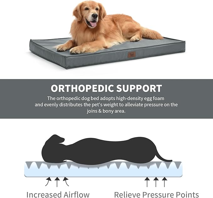 Outdoor Dog Bed for Small Dogs & Cats, Waterproof Dog Crate Mat Orthopedic Egg Crate Foam with Washable Removable Oxford Cover, Grey