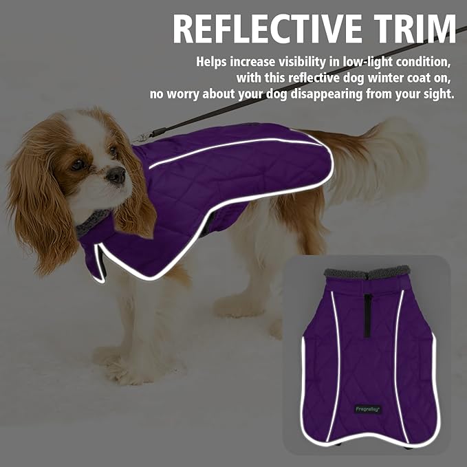 Fragralley Dog Coat Large, Waterproof Dog Jacket with Warm Fleece Lining, Adjustable Reflective Dogs Winter Coat, Turtleneck Pet Coats for Cold Weather (Purple XL)
