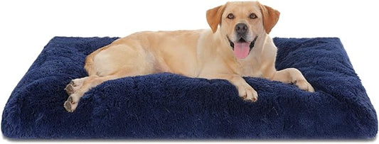Bedfolks Plush Dog Crate Pad, Washable Dog Kennel Bed 41"x27", Faux Fur, Waterproof, Extra Large, Dark Blue