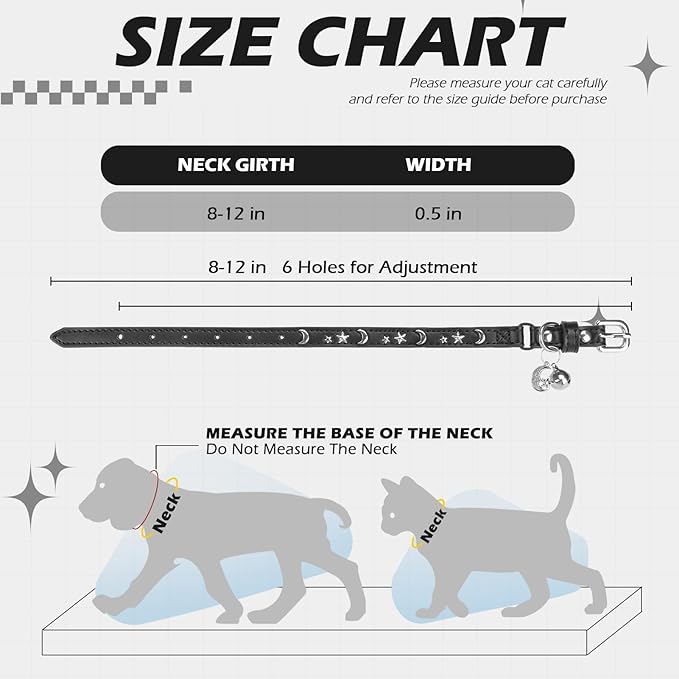 EXPAWLORER Halloween Leather Cat Collar - Adjustable Pet Collar with Rivet Spike for Girl Boy Cats, Punk Accessories with Bell & Durable D-Ring, Star & Moon