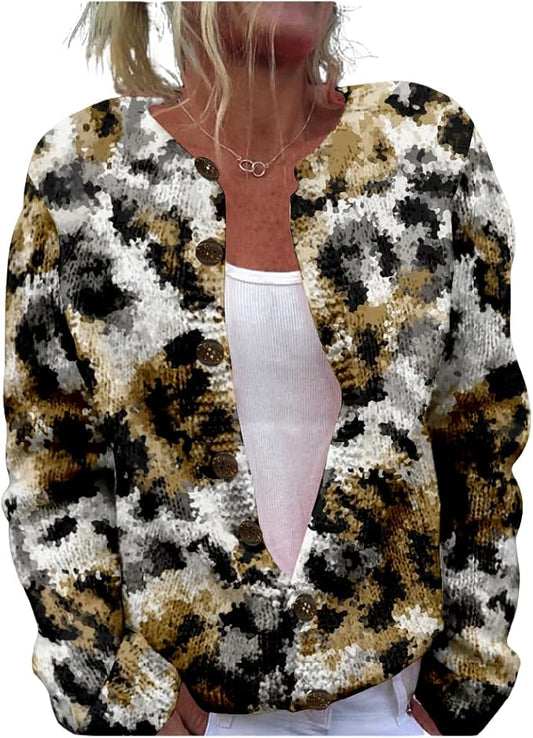 HOTYD Aztec Print Cardigans Sweaters for Women Crewneck Graphic Button Cardigan Casual Chunky Knit Sweater Fall Outfits