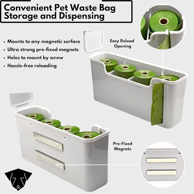 Dog Poop Bag Dispenser - Magnetic Mount - Indoor/Outdoor - Wall Mount - Waste Bag Dispenser - Magnet - Screw-on - Storage - Container + 60 Waste Bags (Storm White)