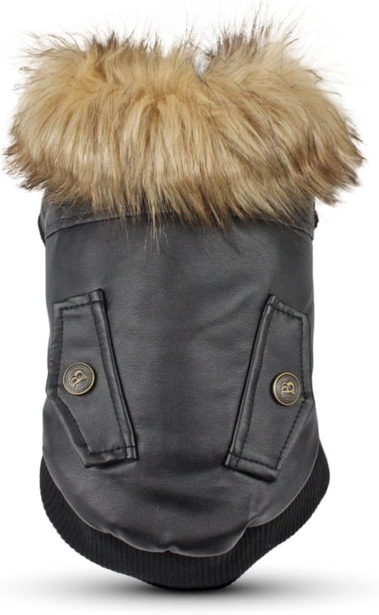 LESYPET Dog Leather Jacket for Small Dogs, Waterproof Dog Winter Jacket Puppy Coat with Fleece Lined, Ultra Warm Fur Collar Doggie Coat, Black M