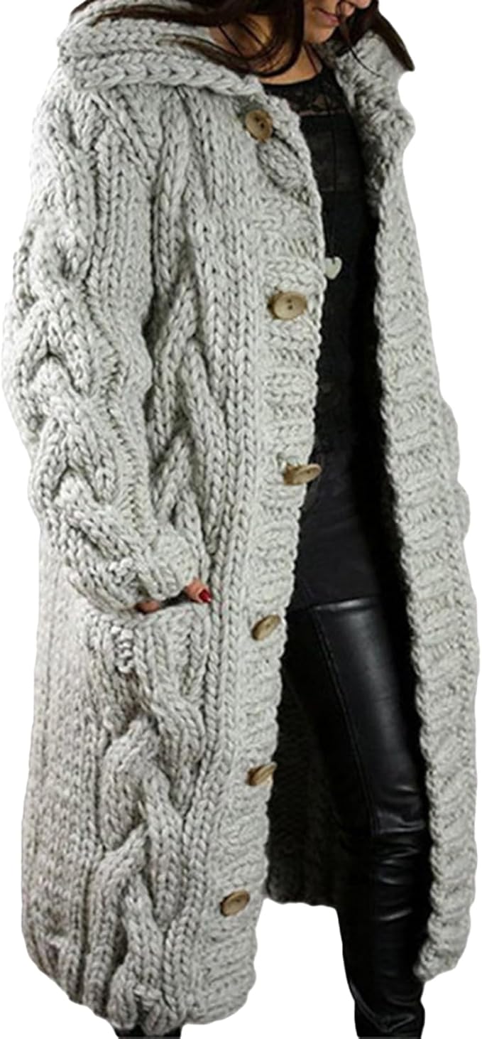 LOAIHA Women Chunky Cable Knit Long Sleeve Cardigan Fall Winter Trendy Oversized Button Down Sweaters Outerwear with Pocket