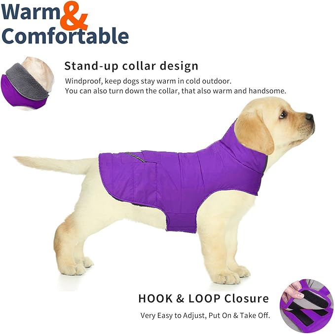 Dog Coat, Waterproof Dog Winter Jacket with Pocket, Reflective Adjustable Pet Snow Vest, Warm Cozy Fleece Sweater for Small Medium Extra Large Dogs - Purple, 3XL