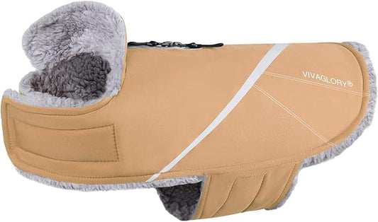 VIVAGLORY Snowrap Dog Coat, Jacket with Harness Hole & Velcro Closure, Dog Coat for Winter & Cold Weather, Fluffy Warm Fleece Lined Reflective Water Resistant for Puppy, XL, Khaki