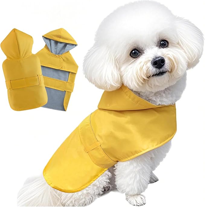 Dog Raincoat Dog Rain Jacket Poncho Waterproof Pet Rain Suit Double Layer Breathable Lining Hooded Leash Hole Adjustable Puppy Small Medium Dogs,Yellow,L
