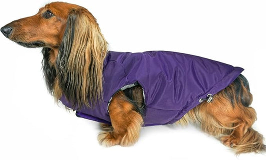 DJANGO Reversible Puffer Dog Coat – Warm Winter Dog Jacket & Water-Repellent Insulated Dog Coat w/Harness Hole, Windproof, Adjustable Fit for Small & Medium Dogs, Dachshunds – Violet Purple, Medium
