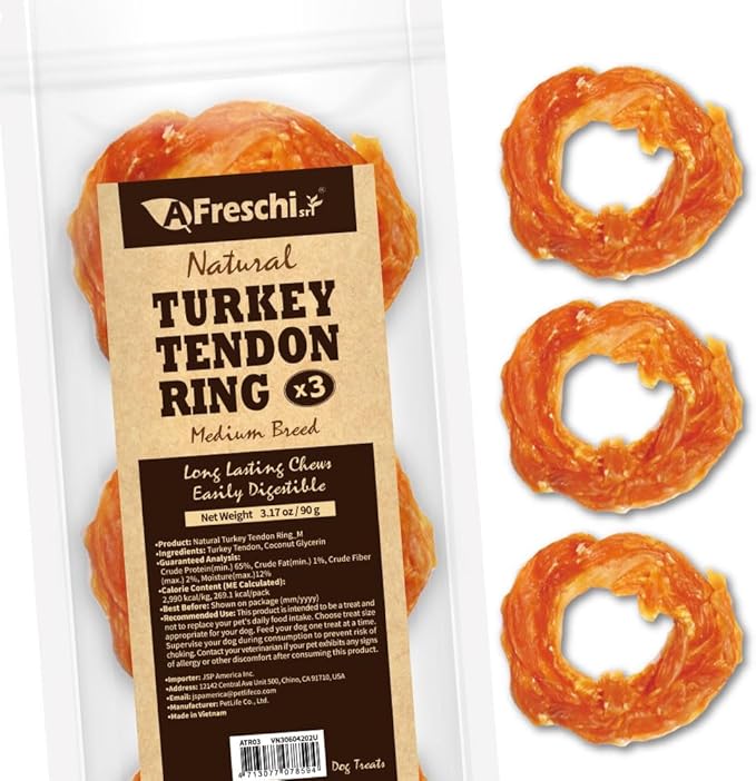 AFreschi Turkey Tendons for Dogs, USA-Sourced, Healthy Dog Treats, Rawhide-Free Puppy Chews, Long Lasting, All Natural, Hypoallergenic Dog Treats for Medium Breeds, 3 Count Pack Ring (M)