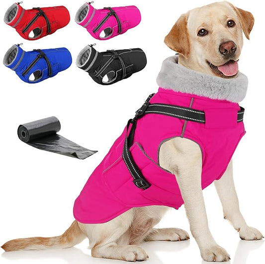 Doglay 2 in 1 Dog Coat with Harness Built-in, Waterproof Dog Winter Jacket with Pocket & Poop Bags, Reflective Adjustable Pet Winter Coat for Small, Medium, Large Dogs