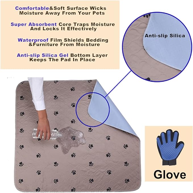SincoPet Washable Dog Pee Pads with Puppy Grooming Gloves,Puppy Pads,Reusable Pet Training Pads,Large ,Waterproof Pet Pads for Dog Bed Mat,Super Absorbing Whelping Pads,48x48 Inch (Pack of 2)