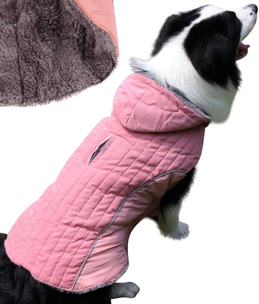 Fleece Dog Hoodie for Large Dogs Super Warm Doggie Jacket for Cold Winter Dog Coats,Pink XXL
