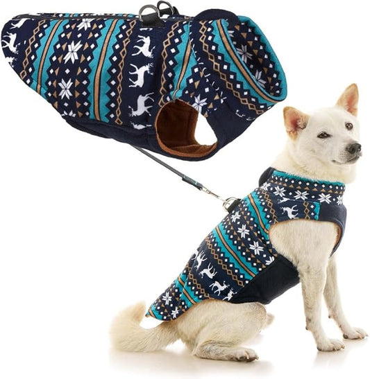 Gooby Zip Up Fleece Dog Sweater - Deer Blue, Small - Warm Pullover Fleece Step-in Dog Jacket with Dual D Ring Leash for Small to Medium Dogs