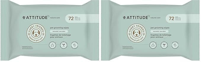 ATTITUDE Pet Grooming Wipes, Hypoallergenic Plant and Mineral-Based Ingredients, Vegan and Cruelty-Free Biodegradable Products, Unscented, 72 count (Pack of 2)