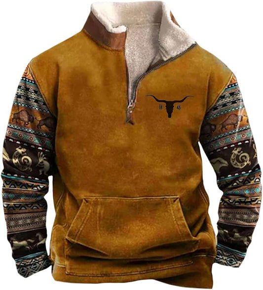 HOTYD Western Jackets for Men Cowboy Sweatshirts Vintage Ethnic Graphic Casual Long Sleeve Top 1/4 Zip Pullover Hoodies