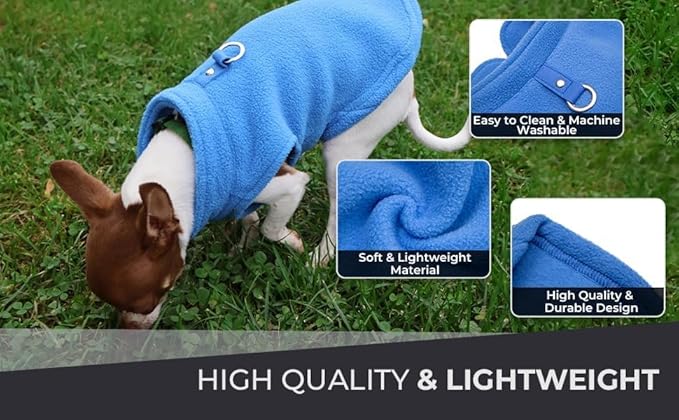 JACKO & CO - Fleece Vest Dog Sweater with Leash Ring - Soft, Warm & Lightweight Pullover Coat for Small & Medium Dogs, Puppies & Cats - Cozy Fall/Winter/Spring Pet Jacket (Blue, XX-Large 25-35lbs)