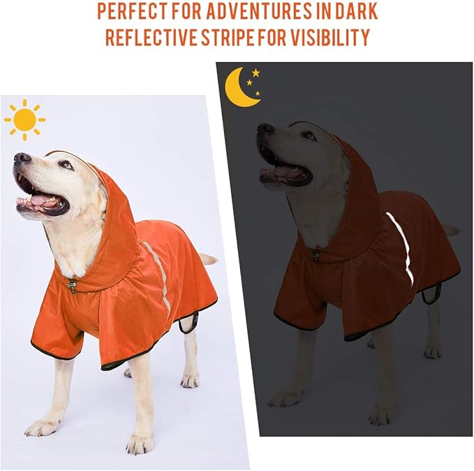 Dog Raincoat with Adjustable Belly Strap and Leash Hole - Hoodie with Reflective Strip - Waterproof Slicker Lightweight Breathable Rain Poncho Jacket for Medium Large Dogs - Easy to Wear, Orange 6XL