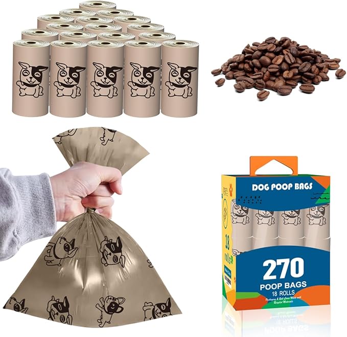Thick Strong Leak Proof Waste Bag for Dogs with Holder-270 CoffeeLarge Poop Bags,Biodegradable Dog Poo Bags with Corn Starch Blended Compostable Bag