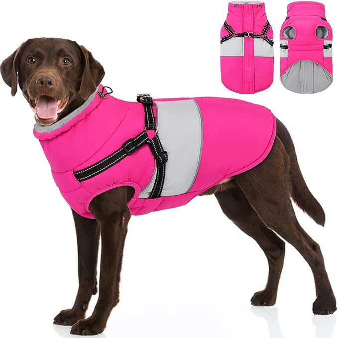 SUNFURA Dog Coat, XXXL Dog Jacket Winter with Harness Built in, Waterproof Pet Snow Jacket with Furry Collar for Chilly Day, Reflective Fleece Snowsuit for Extra Large Dogs, Hot Pink 3XL
