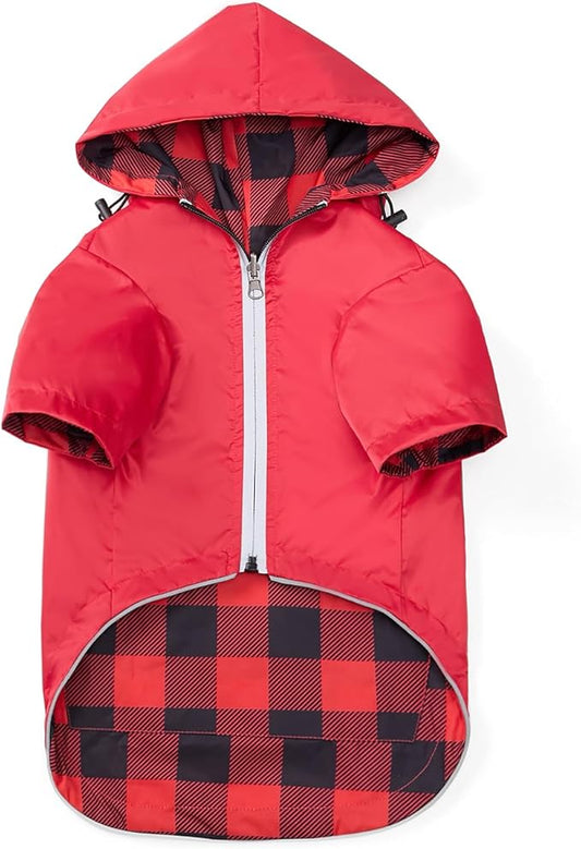 Dog Raincoat Dogs Waterproof Reversible rain Jacket Dog Small Medium Breeds Reflective Zipper Storage Pocket Harness Hole - Red - XS