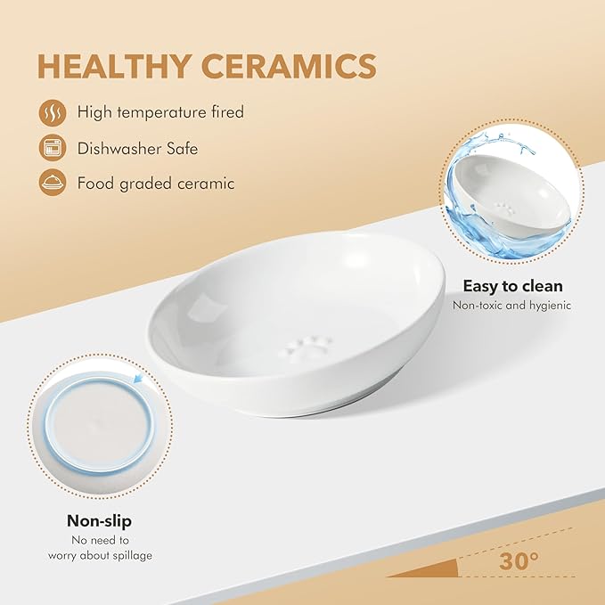 Raised Ceramic Wide Whisker Friendly Cat Dish, Anti-Slip Food&Water Bowl with 2 Style Stand Adjustable Pet Bowl Set (1Dish+Stand, White)